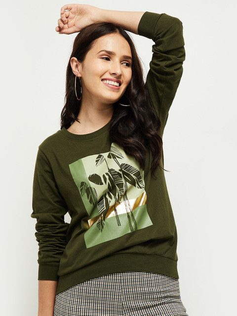 

max Women Olive Green Printed Cotton T-shirt