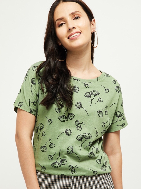

max Women Green & Black Printed Pure Cotton T-shirt