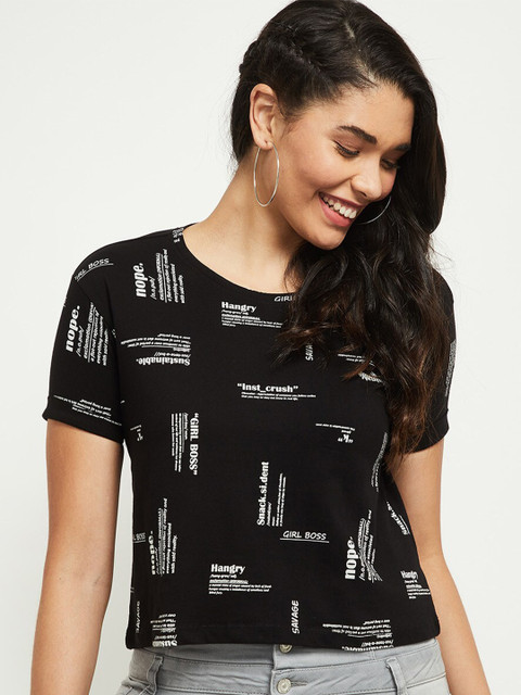 

max Women Black & White Typography Printed Round Neck Crop T-shirt