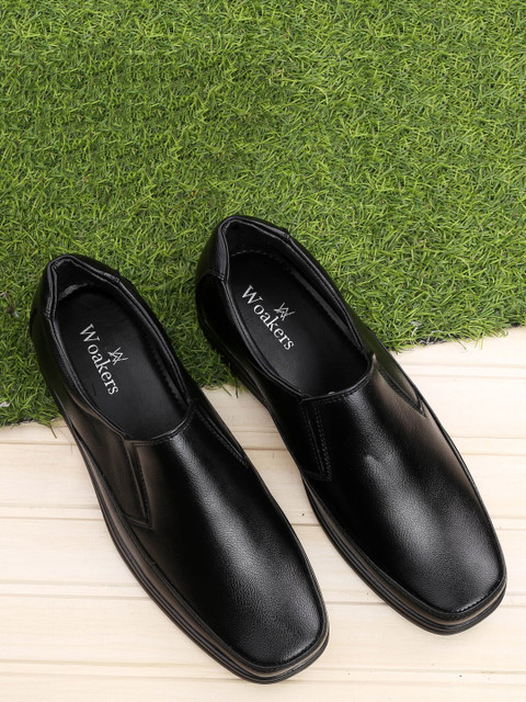 

Woakers Men Black Solid Leather Formal Slip-Ons