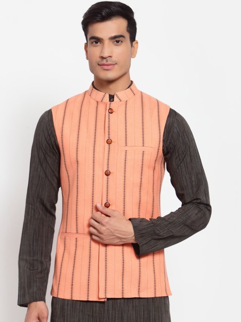 

MAXENCE Men Peach Striped Nehru jacket