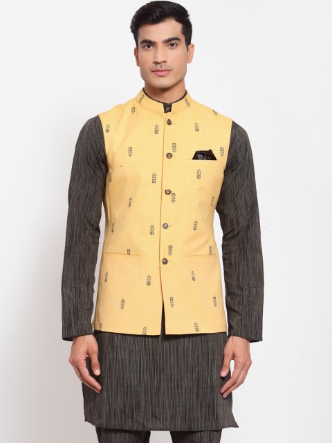 

MAXENCE Men Yellow & Black Woven Nehru Jacket