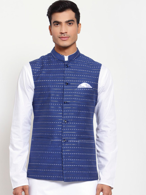 

MAXENCE Men Blue Striped Woven Nehru Jacket With Pocket Square