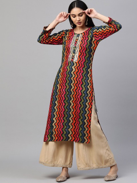 

FASHOR Women Red & Green Printed Kurta
