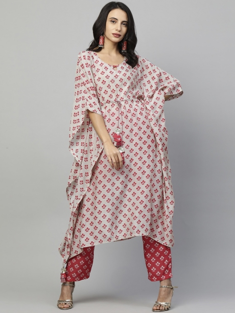 

FASHOR Women Taupe & Red Floral Printed Kaftan with Trousers