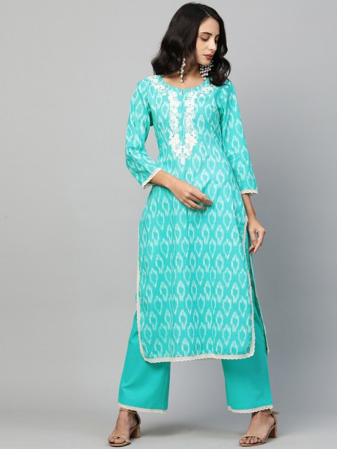 

FASHOR Women Sea Green & White Geometric Printed Pure Cotton Kurti Set With 2-Ply Mask