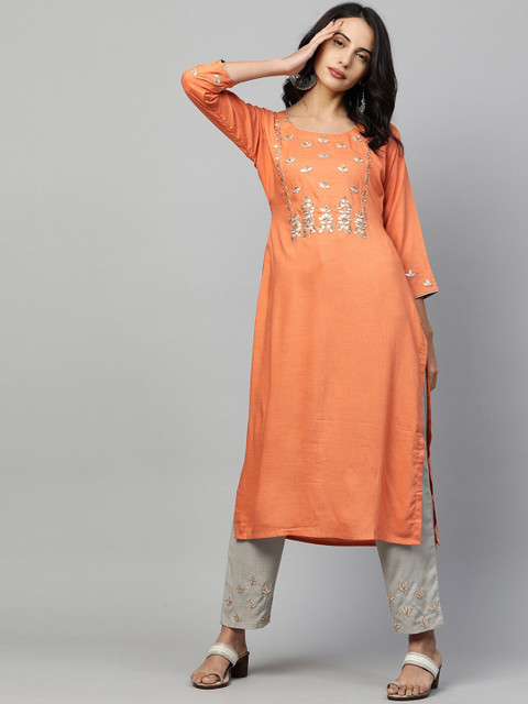 

FASHOR Women Orange Floral Embroidered Gotta Patti Kurti with Trousers