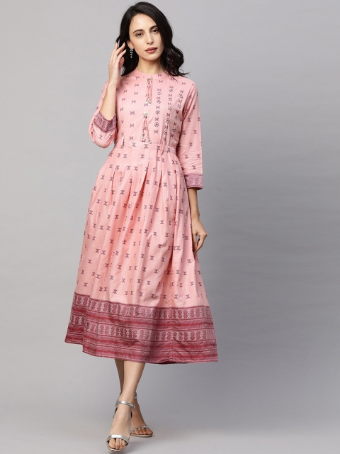 

FASHOR Women Pink Ethnic Motifs Fringed A-Line Midi Dress