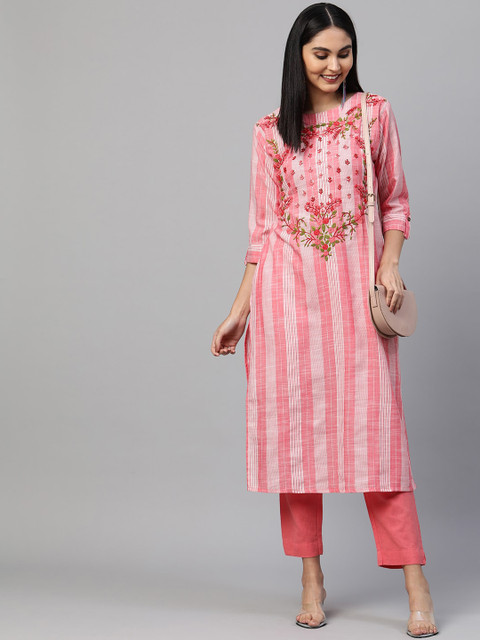 

FASHOR Women Pink & White Floral Embroidered Thread Work Kurta