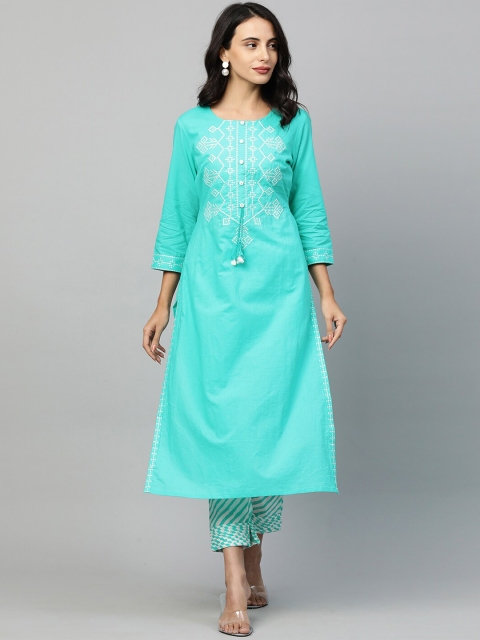 

FASHOR Women Turquoise Blue Ethnic Motifs Printed Regular Pure Cotton Kurta with Salwar & With Dupatta