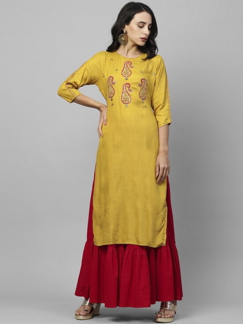 

FASHOR Women Mustard Yellow & Red Paisley Embroidered Straight Kurta