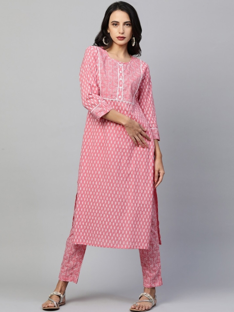 

FASHOR Women Pink Ethnic Motifs Printed Empire Thread Work Pure Cotton Kurta with Palazzos