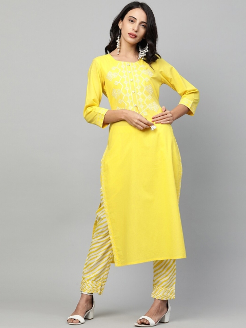 

FASHOR Women Yellow Leheriya Embroidered Regular Pure Cotton Kurta with Trousers