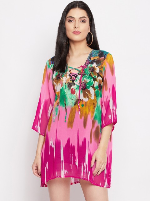 

THE SILHOUETTE STORE Pink & Green Georgette Kaftan Dress