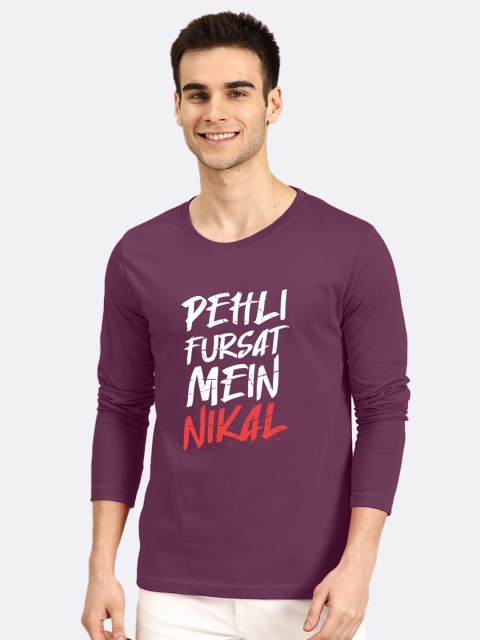

Bewakoof Men Purple Typography Printed Mandarin Collar Extended Sleeves Pockets T-shirt