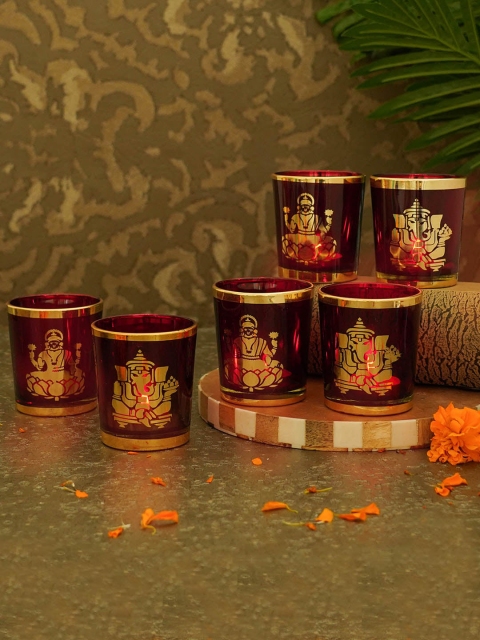 

TIED RIBBONS Set Of 6 Glass Maroon & Gold Toned Self Design Tea Candle Holders