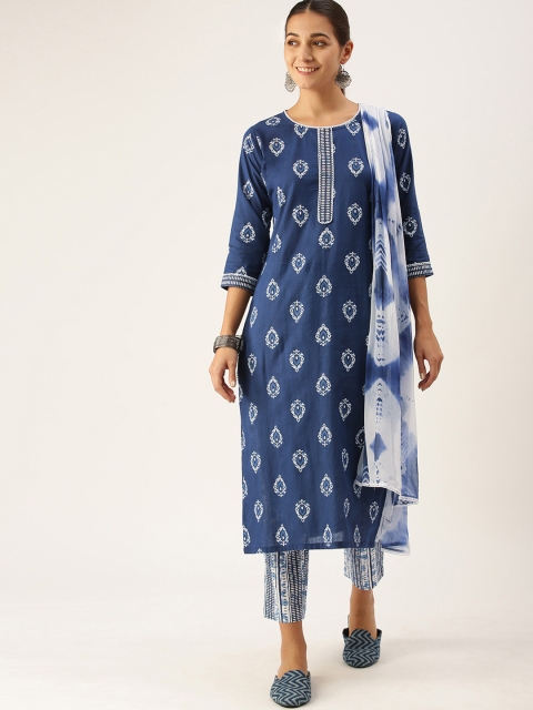 

Minora Women Blue Floral Printed Regular Pure Cotton Kurta with Trousers & With Dupatta