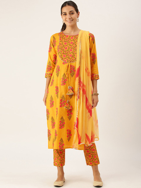

Minora Women Yellow Floral Printed Regular Pure Cotton Kurta with Trousers & With Dupatta