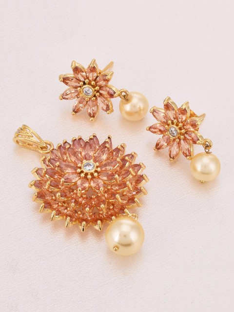 

Tistabene Coral Floral Stone Studded Contemporary Pendant With Earrings