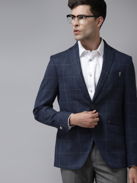 

Blackberrys Men Navy Blue & Grey Checked Single-Breasted Formal Blazer