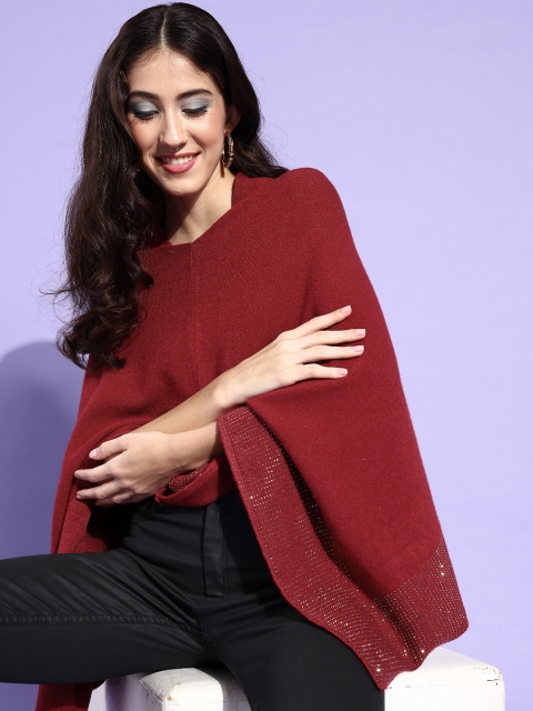 

InWeave Women Maroon Solid Poncho Sweater