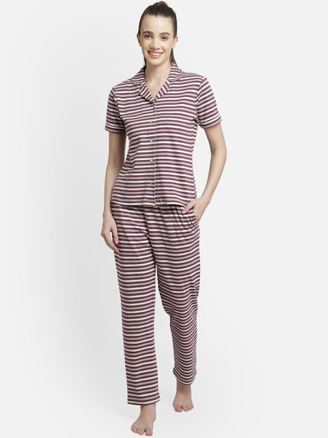 

Yaadleen Women Lavender & White Striped Night suit