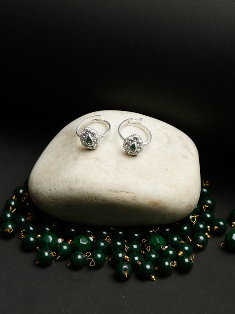 

Ruby Raang Set Of 2 Silver-Toned White Crystal Studded & Green Enamelled Toe Ring