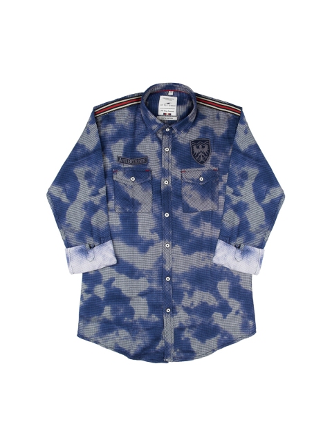 

LITTLE DINO Boys Blue Modern Slim Fit Opaque Printed Casual Cotton Shirt