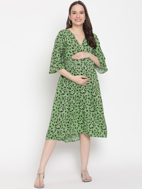 

The Vanca Green Printed Maternity Nursing A-Line Midi Dress