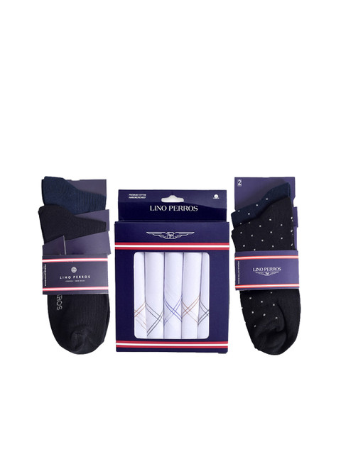 

Lino Perros Men Blue & White Set of 4 Printed Socks & 5 Solid Handkerchiefs