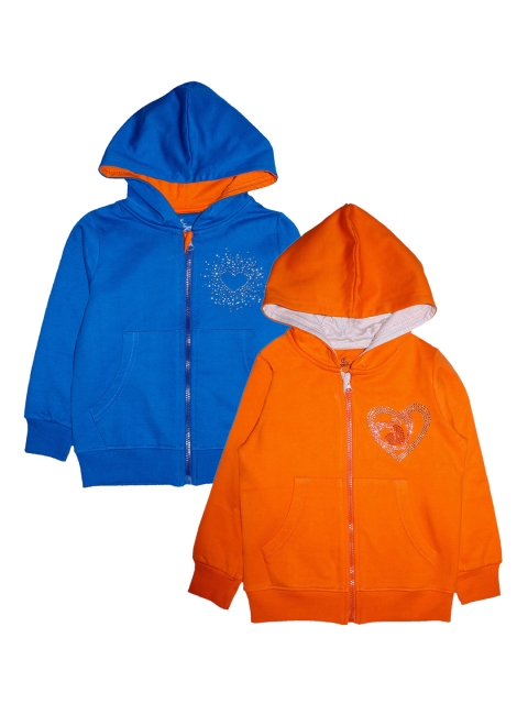 

KiddoPanti Pack of 2 Girls Blue & Orange Hooded Sweatshirt With Rhine Stone