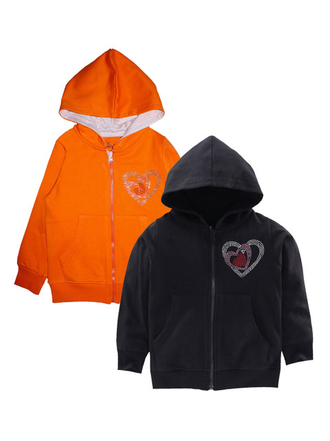 

KiddoPanti Girls Pack Of 2 Black & Orange Printed Hooded Sweatshirt