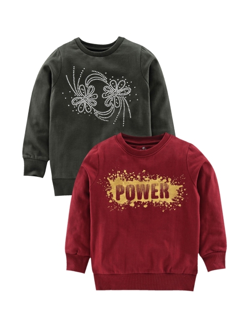 

KiddoPanti Girls Maroon & Green Pack of 2 Printed Sweatshirts