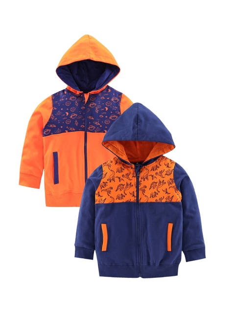 

KiddoPanti Boys Orange & Navy Blue Pack Of 2 Printed Hooded Sweatshirt