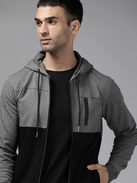 

Park Avenue Men Charcoal Grey & Black Slim Fit Colourblocked Hooded Sweatshirt