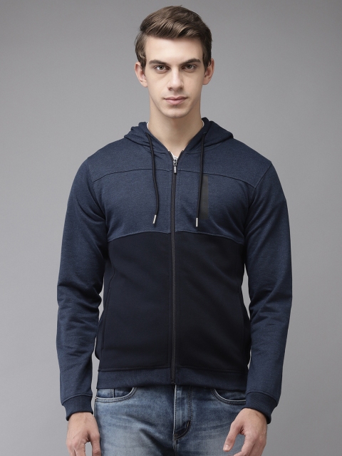 

Park Avenue Men Blue Colourblocked Hooded Sweatshirt