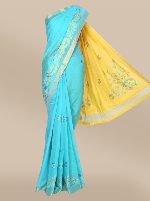 

The Chennai Silks Green & Yellow Floral Embroidered Mercerized Cotton Saree