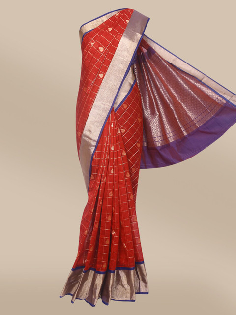 

The Chennai Silks Maroon & Silver-Toned Checked Silk Cotton Fusion Maheshwari Saree