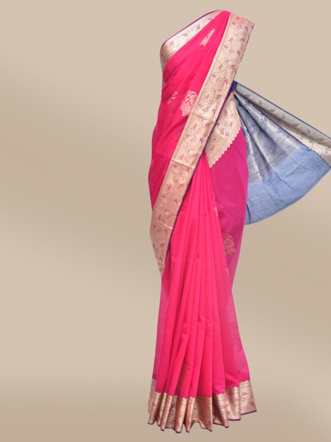 

The Chennai Silks Pink & Navy Blue Woven Design Silk Cotton Fusion Maheshwari Saree