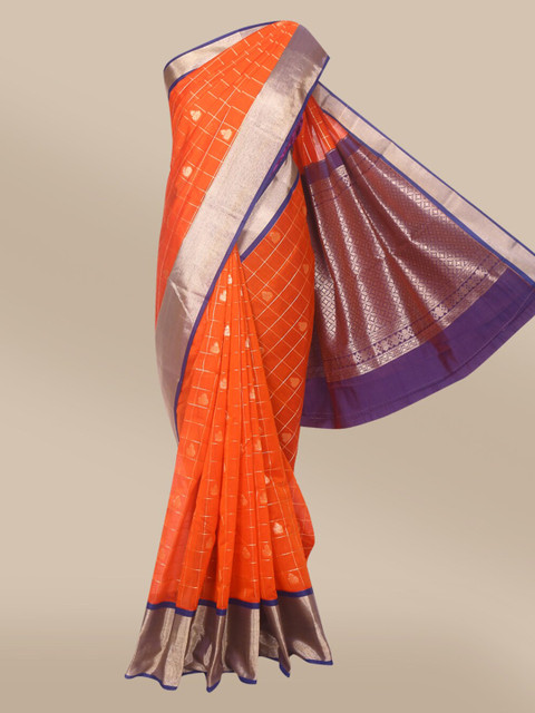 

The Chennai Silks Orange & Gold-Toned Floral Zari Silk Cotton Maheshwari Saree