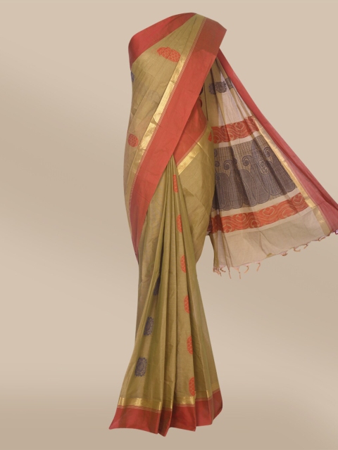 

The Chennai Silks Olive Green & Red Woven Design Silk Cotton Fusion Kovai Saree