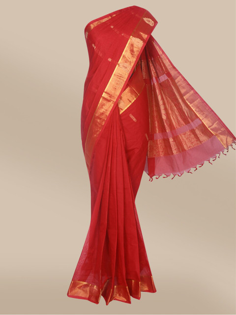 

The Chennai Silks Red & Gold-Toned Ethnic Motifs Zari Silk Cotton Fusion Kovai Saree