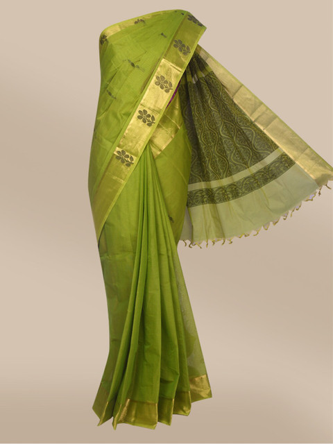 

The Chennai Silks Green & Gold-Toned Ethnic Motifs Silk Cotton Fusion Kovai Saree