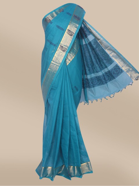 

The Chennai Silks Teal & Gold-Toned Woven Design Silk Cotton Fusion Kovai Saree
