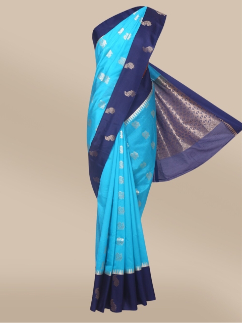 

The Chennai Silks Blue & Navy Blue Ethnic Motifs Zari Silk Cotton Fusion Maheshwari Saree