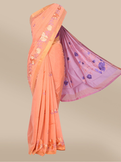 

The Chennai Silks Peach-Coloured & Purple Floral Embroidered Fusion Saree