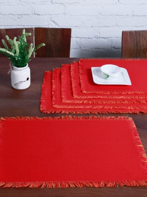 

Lushomes Pack of 6 Orange & Red Reversible Fringe Table mats