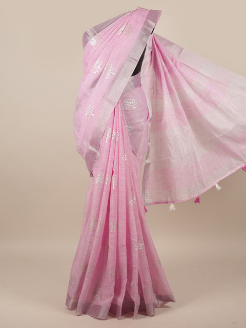 

Pothys Pink & Silver-Toned Floral Printed Linen Blend Saree
