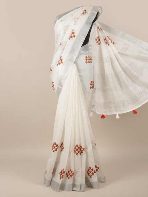

Pothys White Linen Blend Floral Embroidered Saree