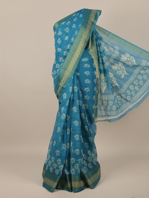 

Pothys Blue & Gold-Toned Floral Zari Saree